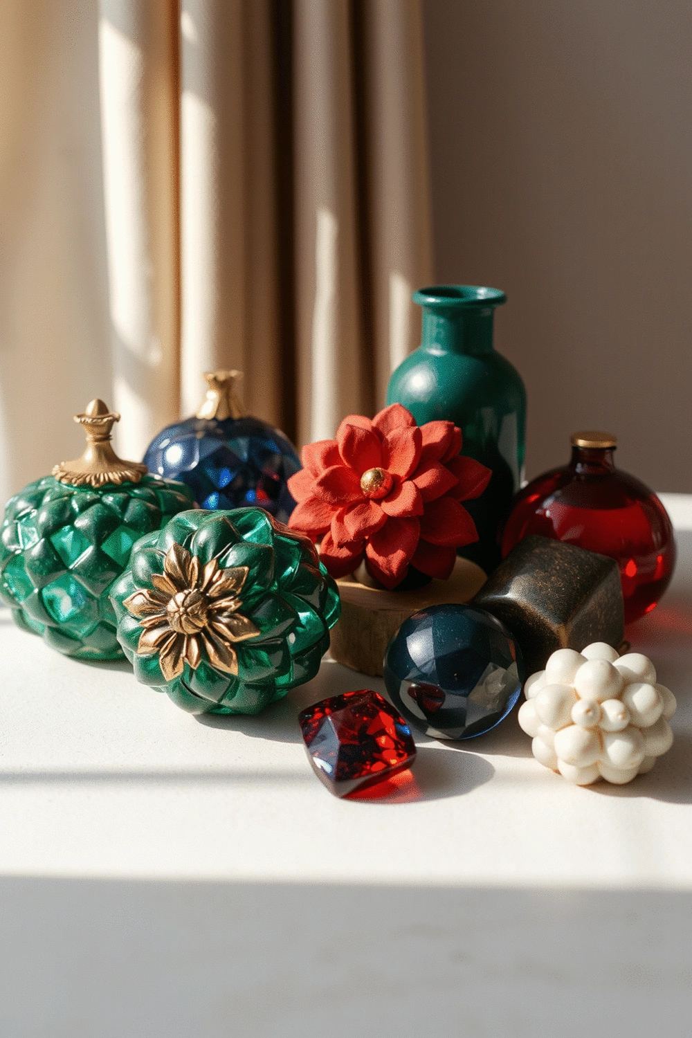 Collection of decorative objects in rich jewel tones like emerald green, sapphire blue, and ruby red, arranged aesthetically on a surface.