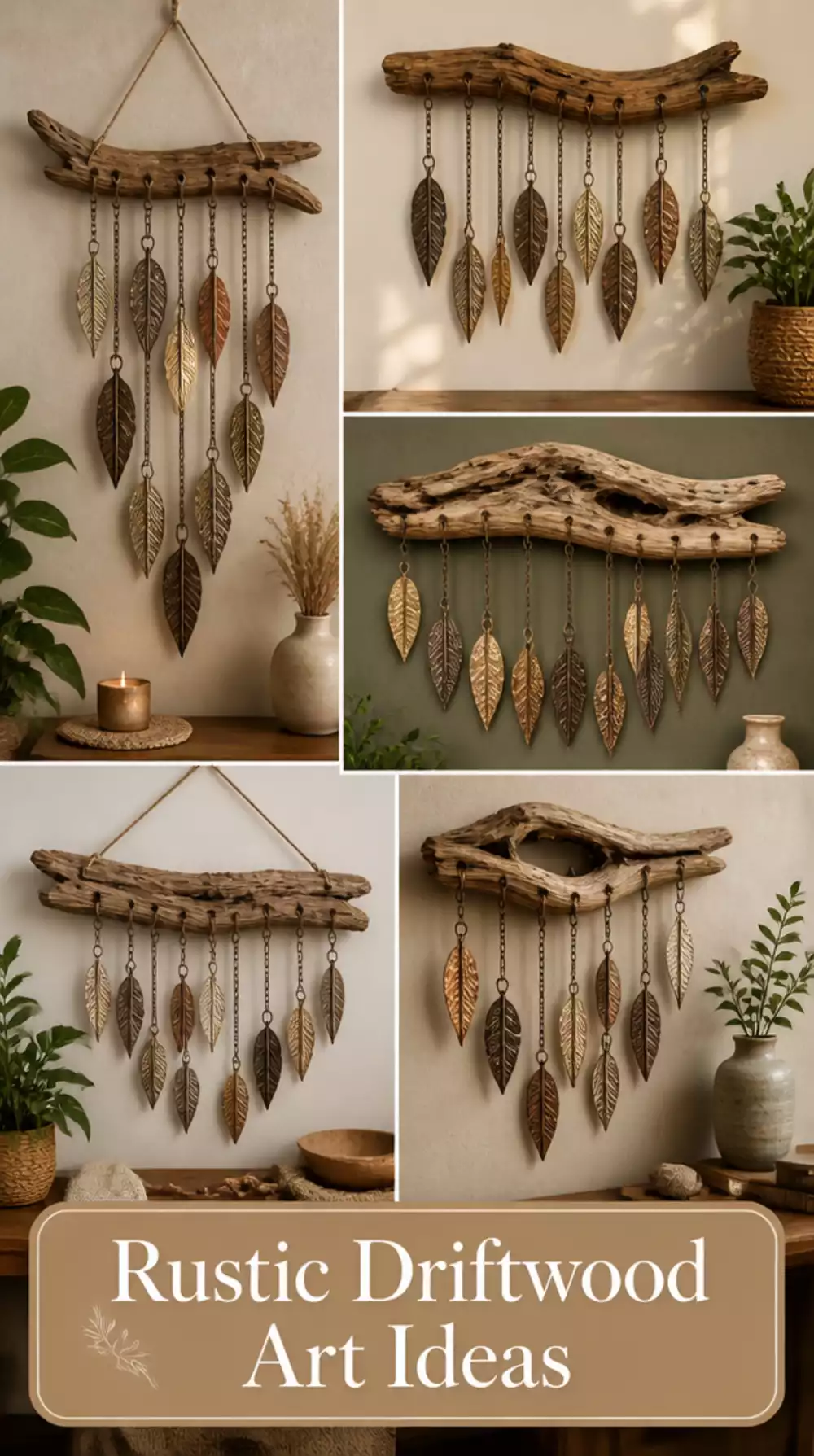 Natural Driftwood Branch Wall Art with Cascading Metal Leaf Charms