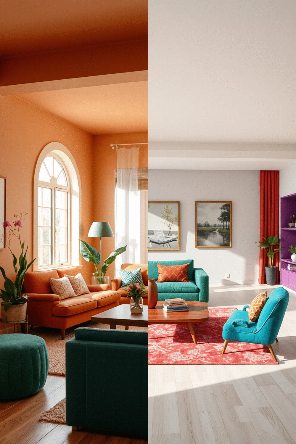 A visual comparison with a split image. One side features a serene room setting with earthy tones like terracotta and muted greens, while the other side showcases a dynamic room with bold jewel-toned accents and high-contrast furniture.
