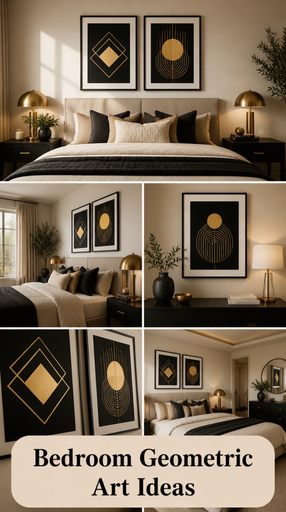 Bedroom Framed Geometric Line Art Print in Warm Black and Gold