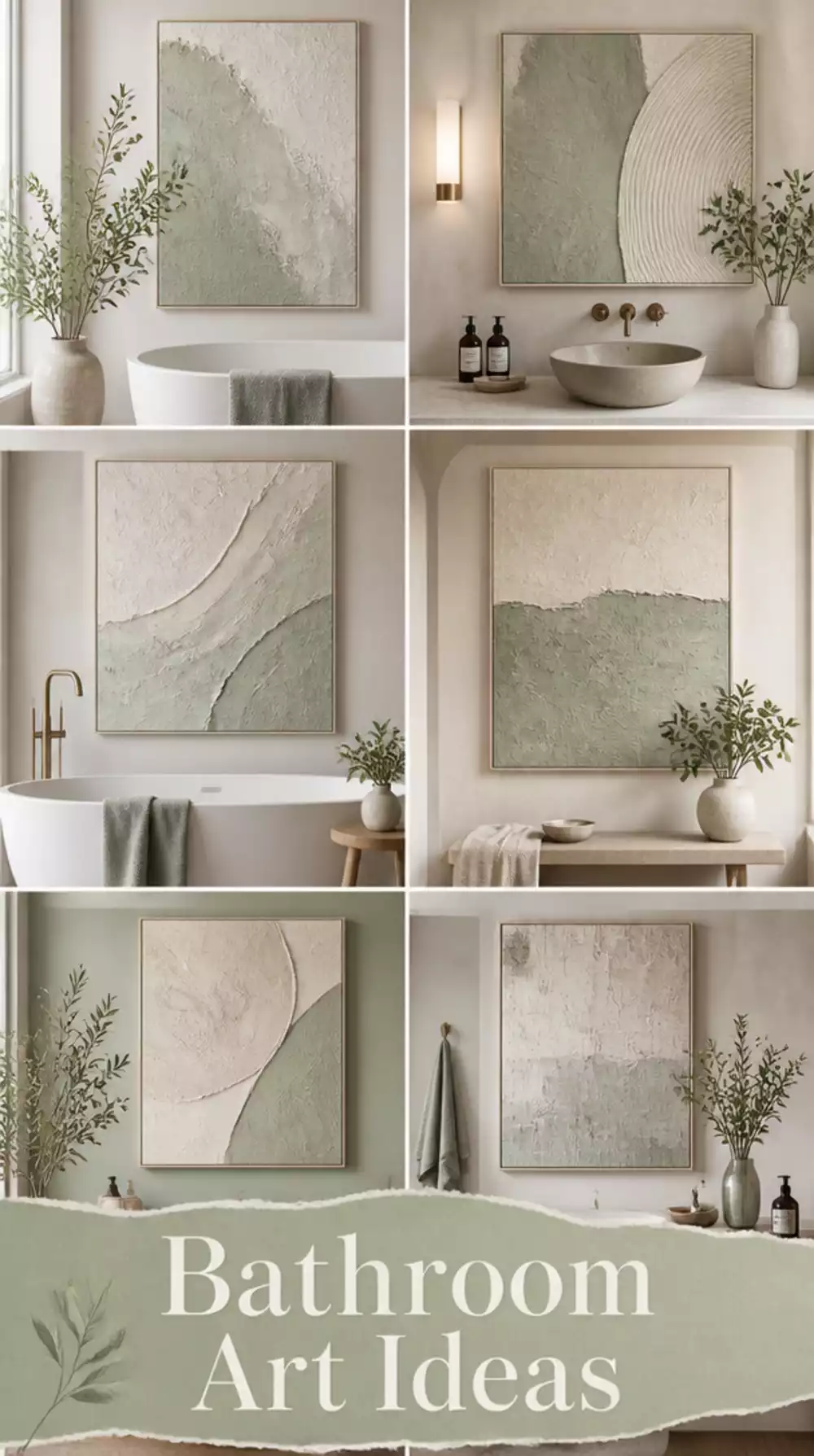Bathroom Abstract Textured Canvas in Soft Sage and Stone