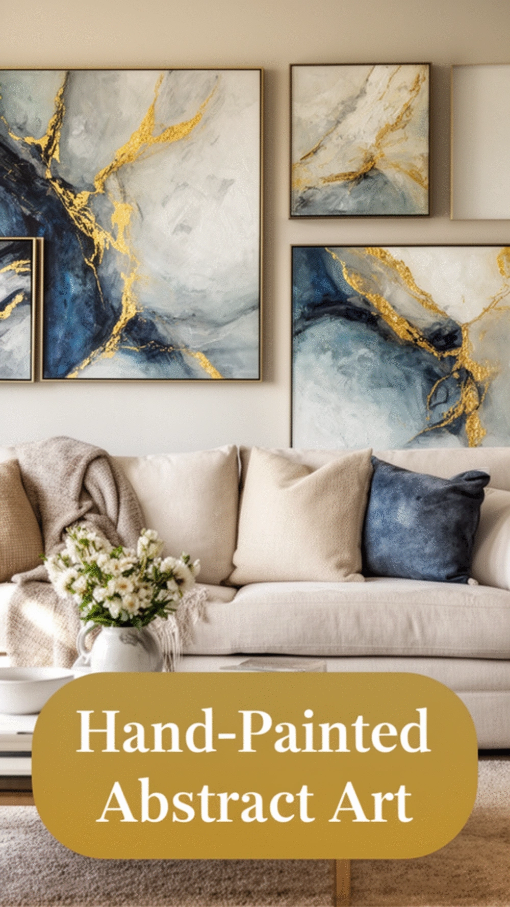 Hand-Painted Abstract Canvas Wall Art with Impasto Gold Detailing