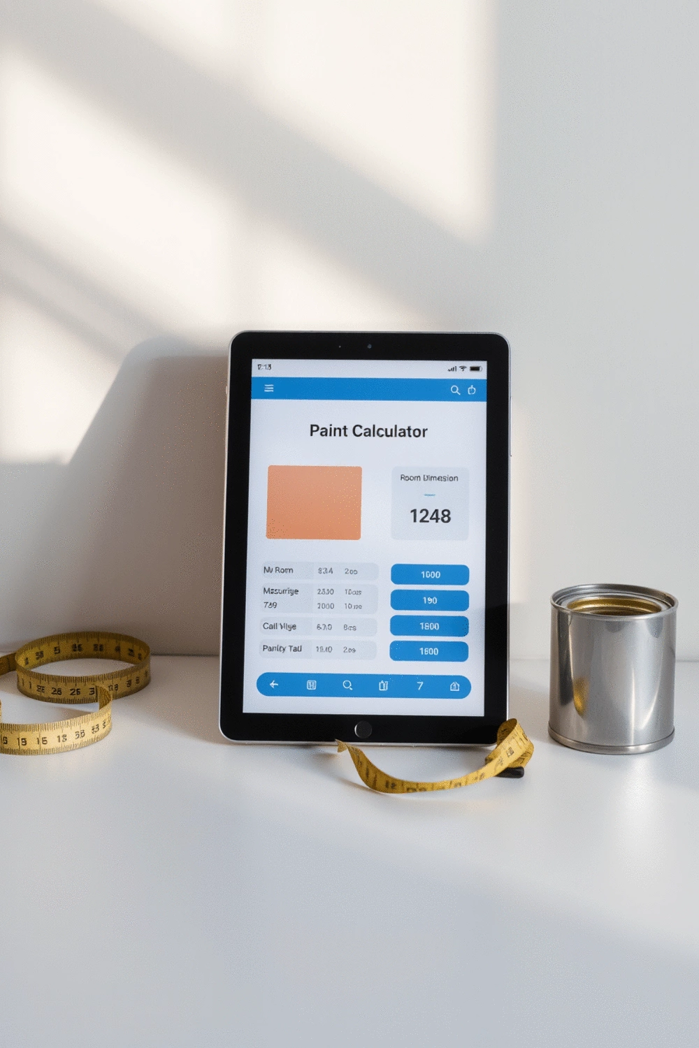 A tablet displaying a paint calculator application, showing room dimensions and estimated paint quantity, beside a measuring tape and a small paint can