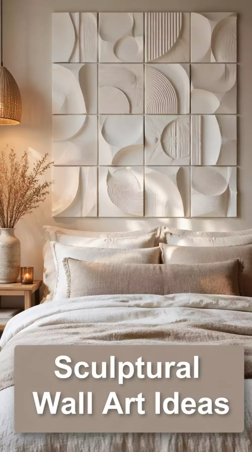 Bedroom Sculptural Clay Wall Tile Set in a Creamy White Finish