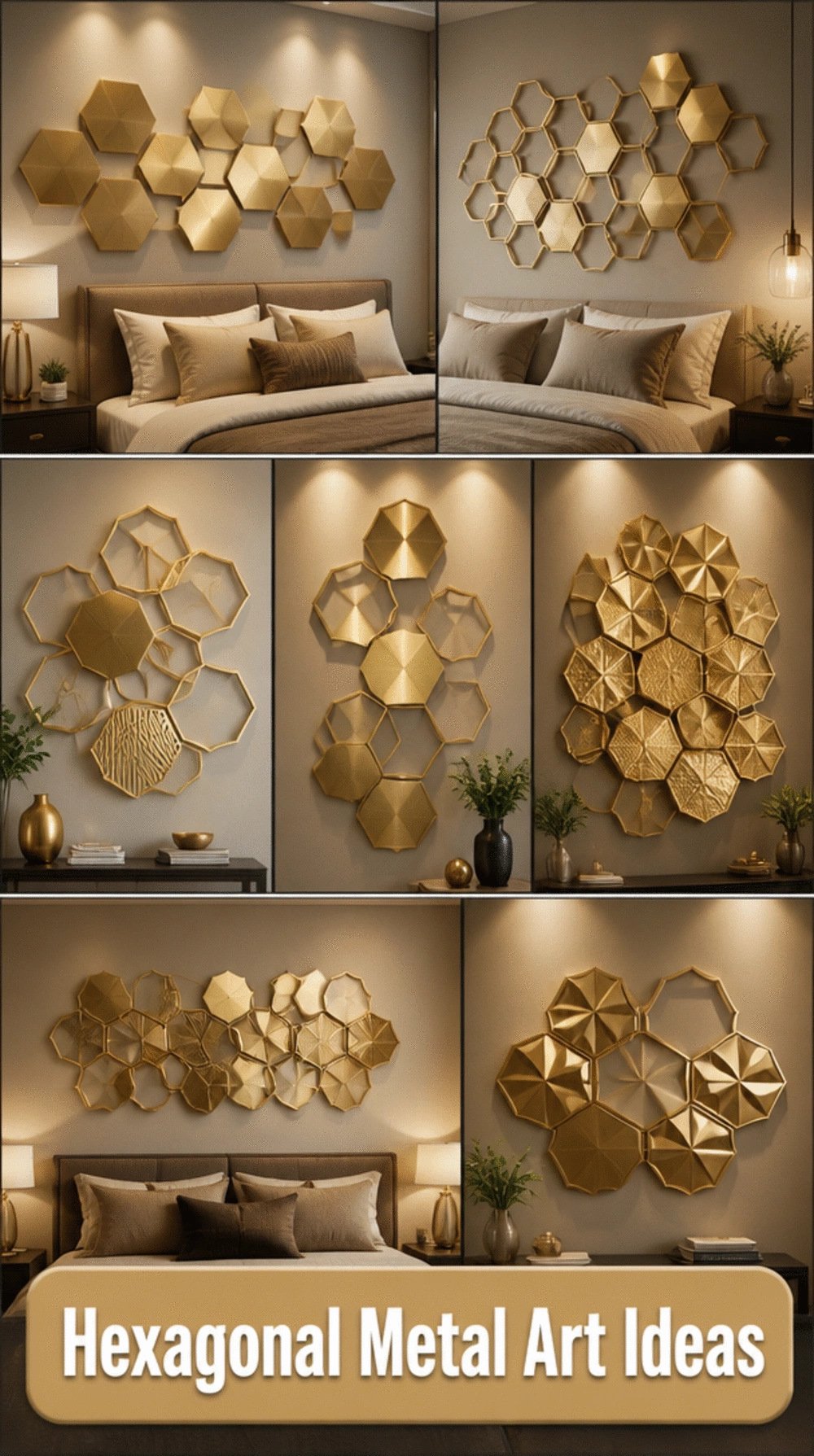 Bedroom Hexagonal Metal Wall Art in a Brushed Gold Satin Finish