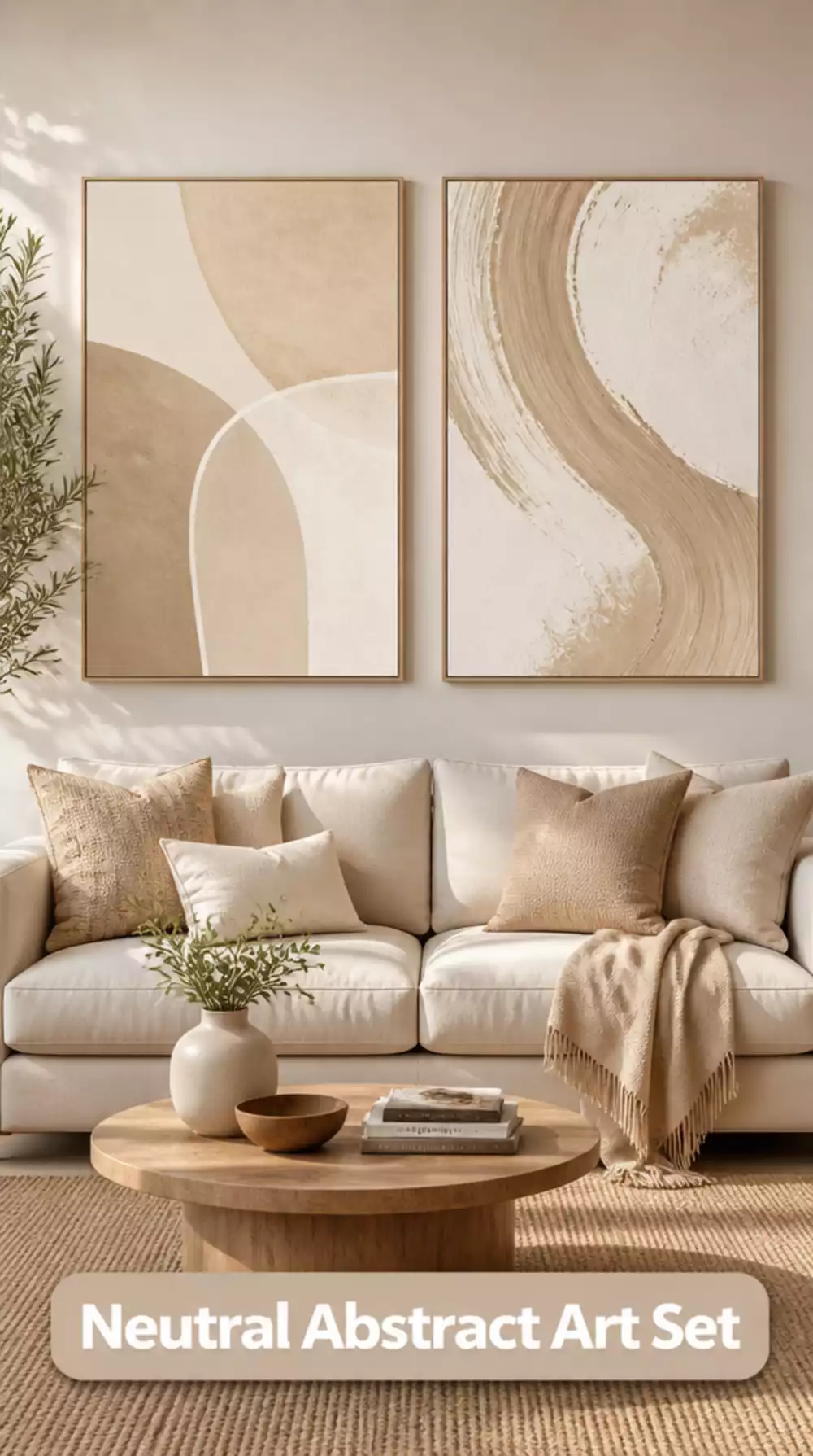 Set of Two Neutral Abstract Canvas Prints for a Symmetrical Wall Display