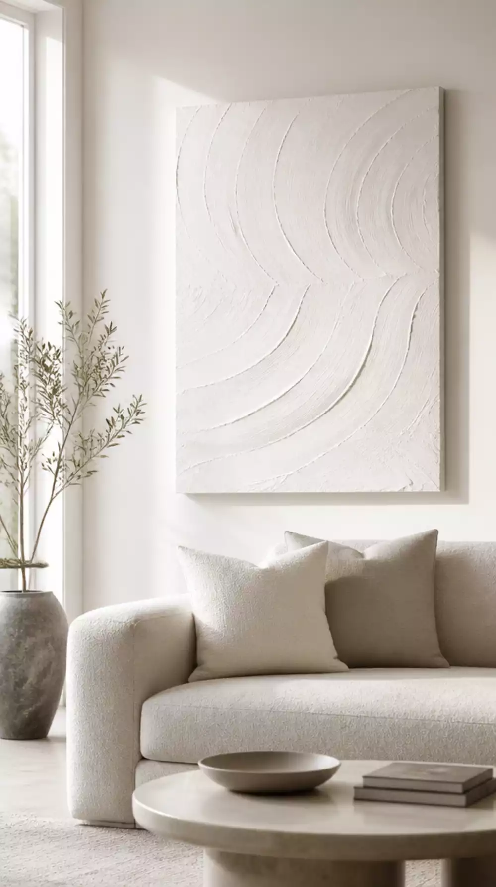 White Plaster Canvas Wall Art with a Soft Swirl Texture Finish