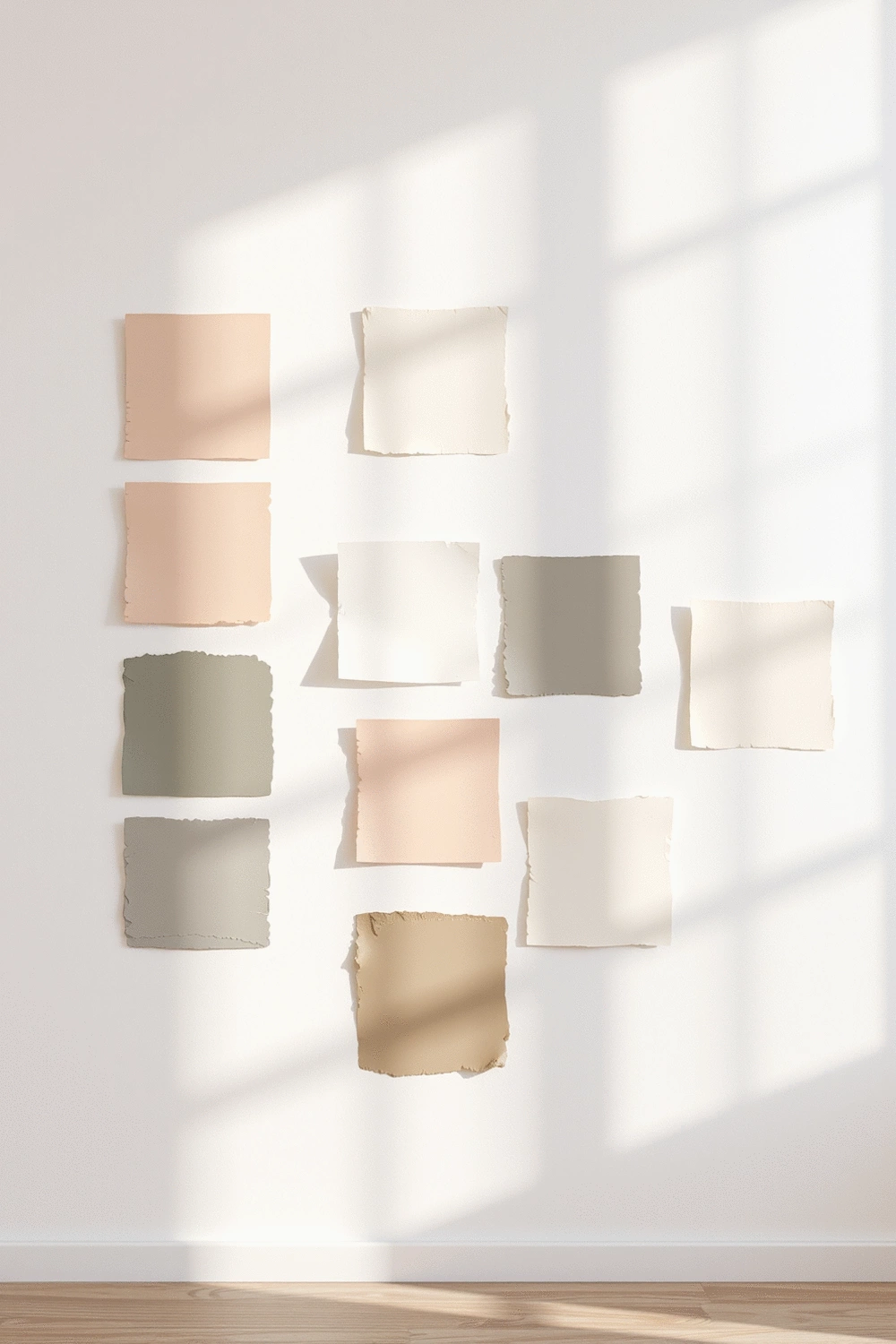 Various paint swatches arranged on a plain white wall, illuminated by soft natural light, showcasing different shades and tones for room experimentation.