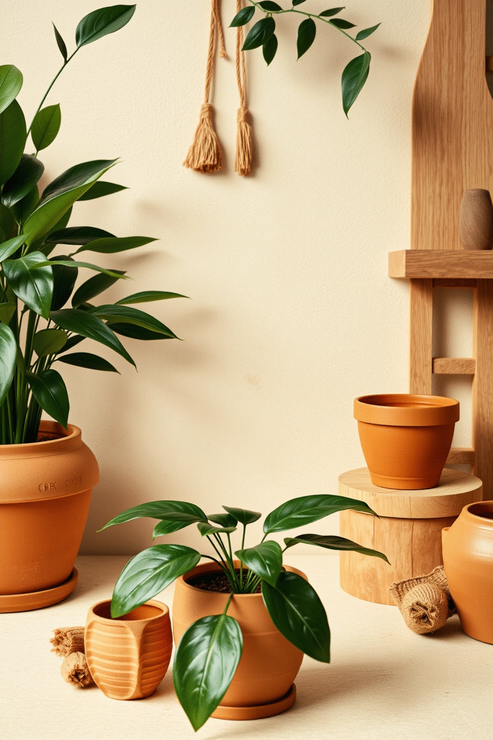 Arrangement of terracotta pots, warm brown wooden elements, and deep green plant leaves on a neutral background, conveying warmth and tranquility.