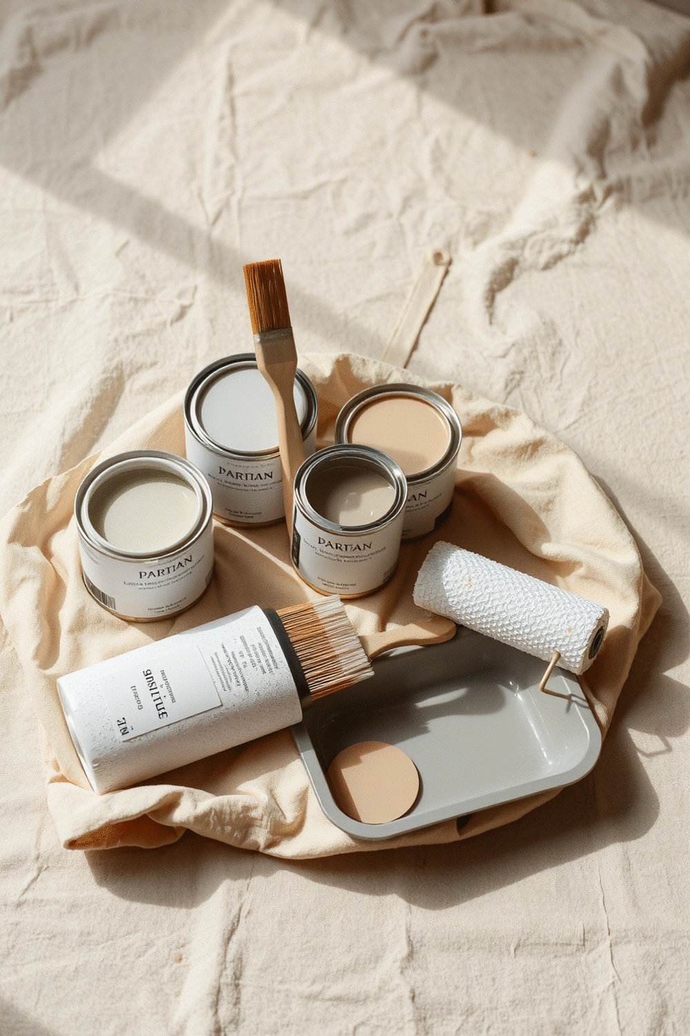 Arrangement of paint cans and brushes on a drop cloth, ready for painting