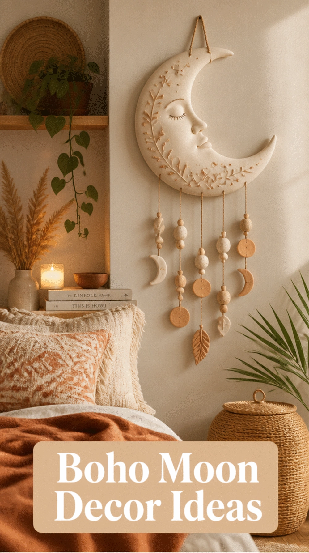 Simple Air Dry Clay Moon Wall Hanging for a Boho Bedroom