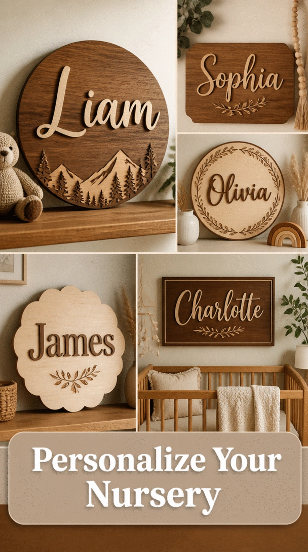 Natural Wood Name Sign Wall Art for a Warm Earthy Nursery Theme
