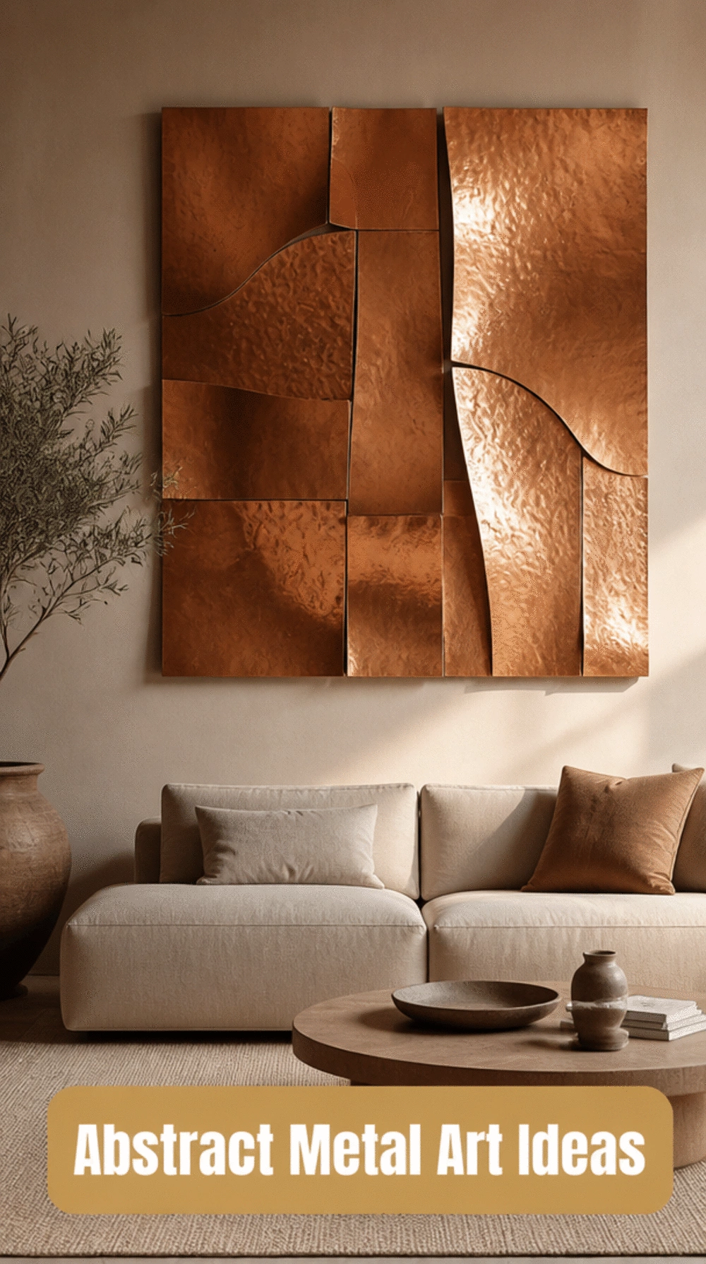 Living Room Abstract Metal Wall Art with a Hammered Copper Texture