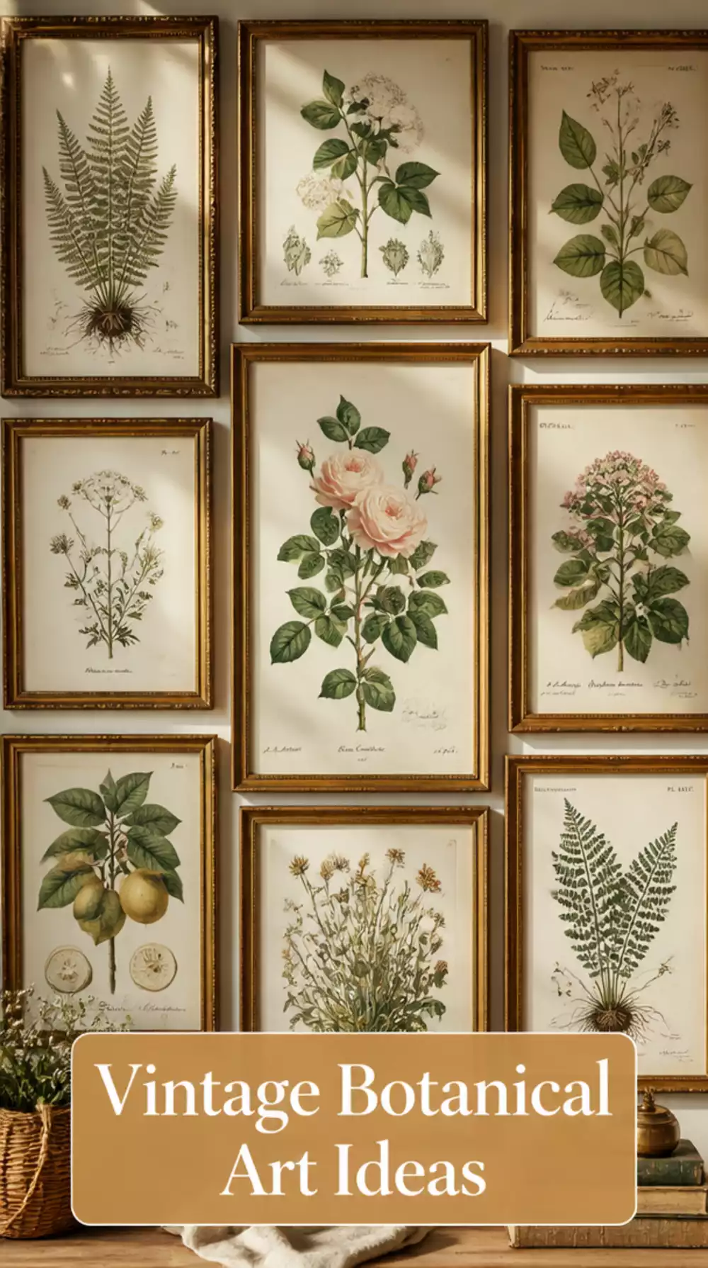 Bedroom Framed Vintage-Style Botanical Art in an Antique Gold Frame
