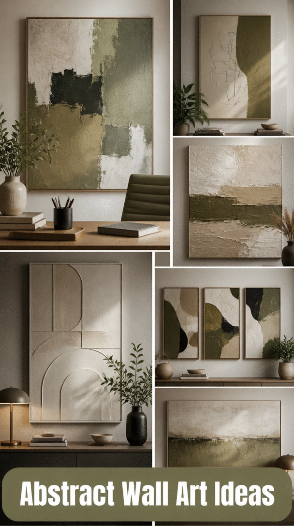 Office Abstract Canvas Wall Art in Muted Olive and Warm Greige Tones