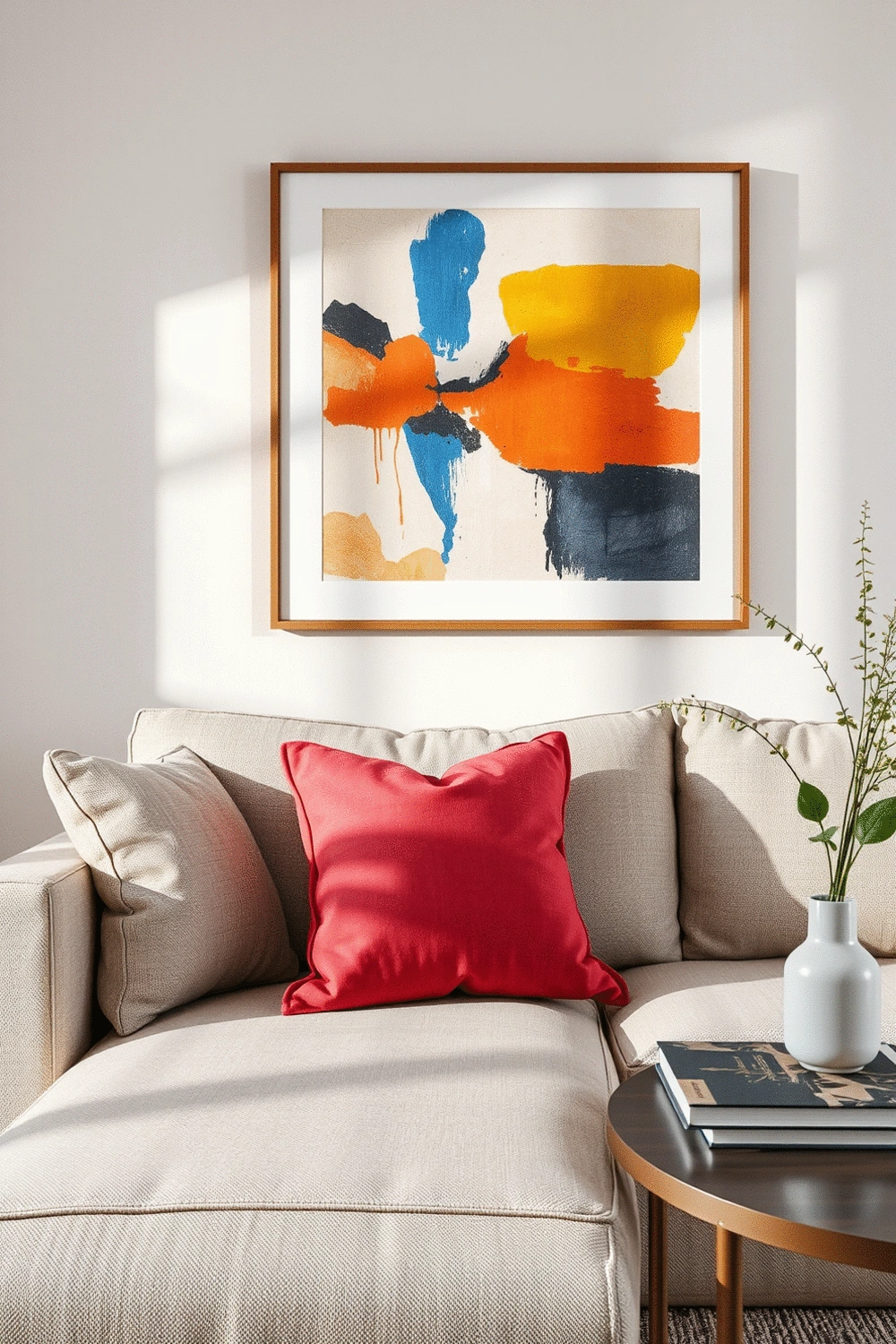 Interior design detail of a living room with a vibrant accent pillow on a neutral sofa, colorful abstract art on the wall, and decorative objects on a side table, all contributing to a balanced and dynamic design.