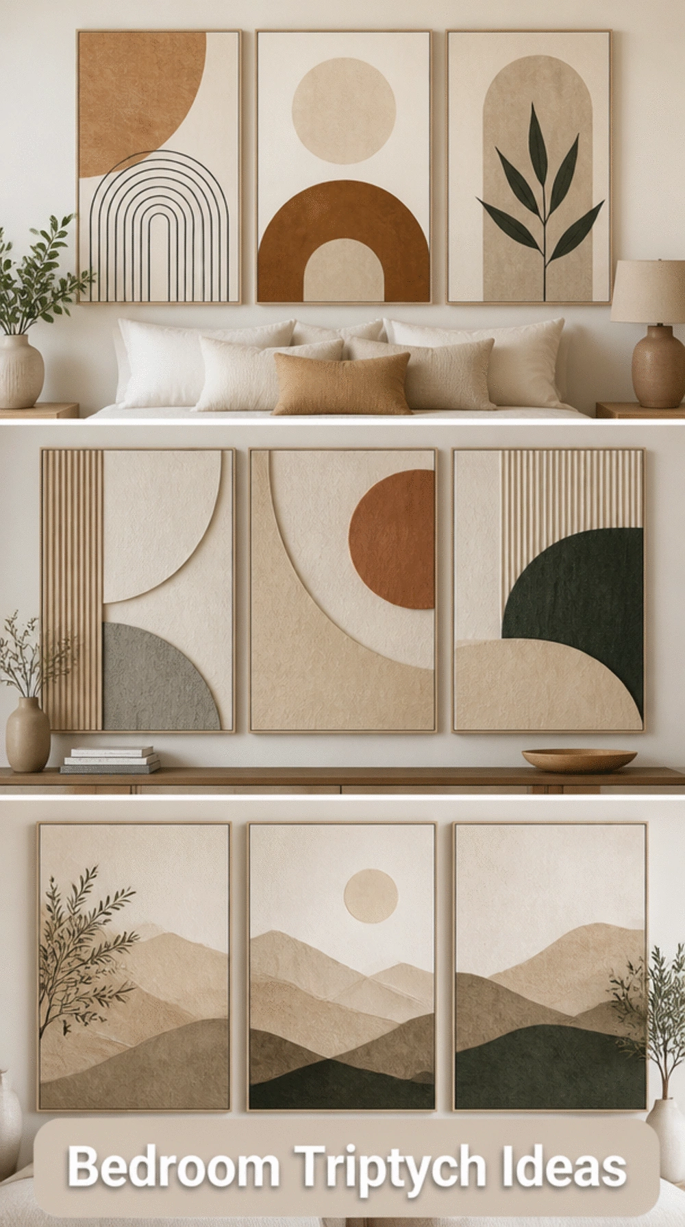 Bedroom Abstract Geometric Triptych in a Soft Neutral Earth Palette