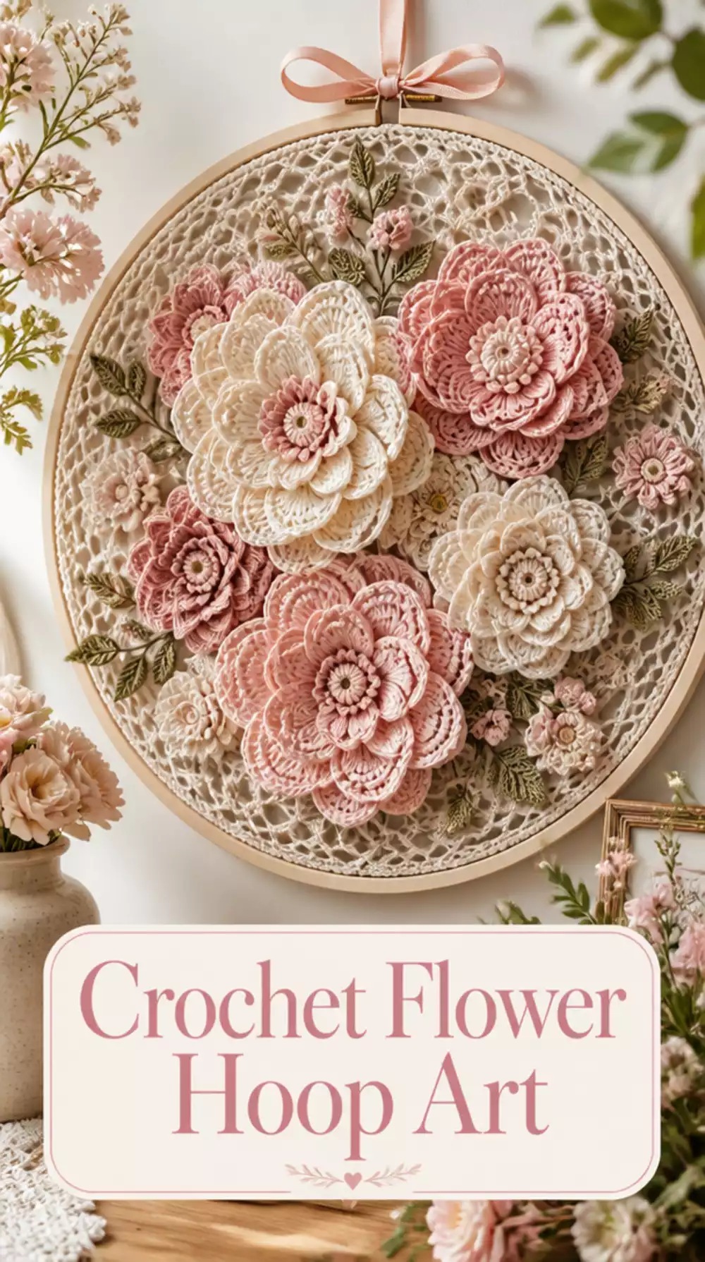 Crochet Flower Hoop Wall Art with Layered Petals in Blush and Ivory