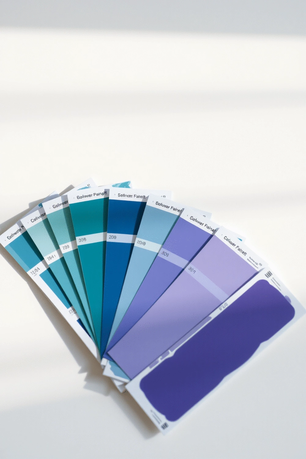 Cool colored paint swatches and color chips arranged neatly on a white desk, showcasing blue, green, and violet hues.