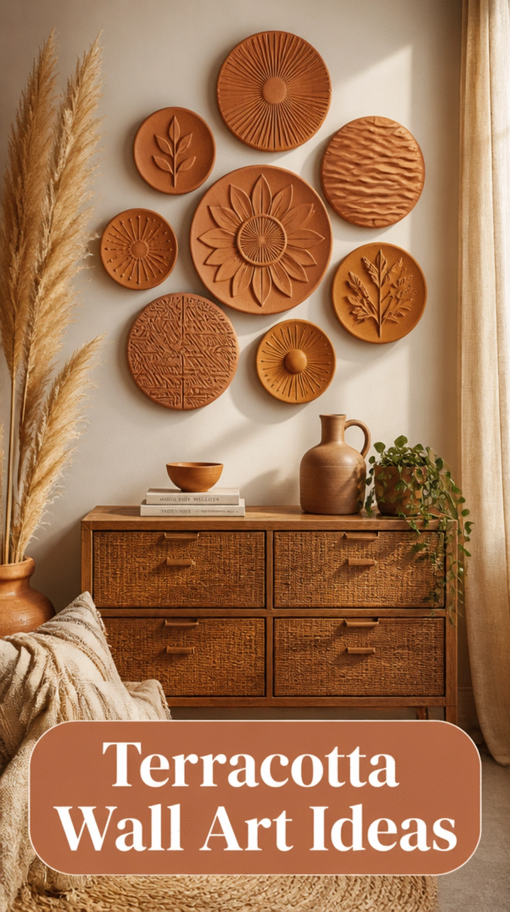 Terracotta Clay Wall Disc Set Grouped Above a Boho Bedroom Dresser