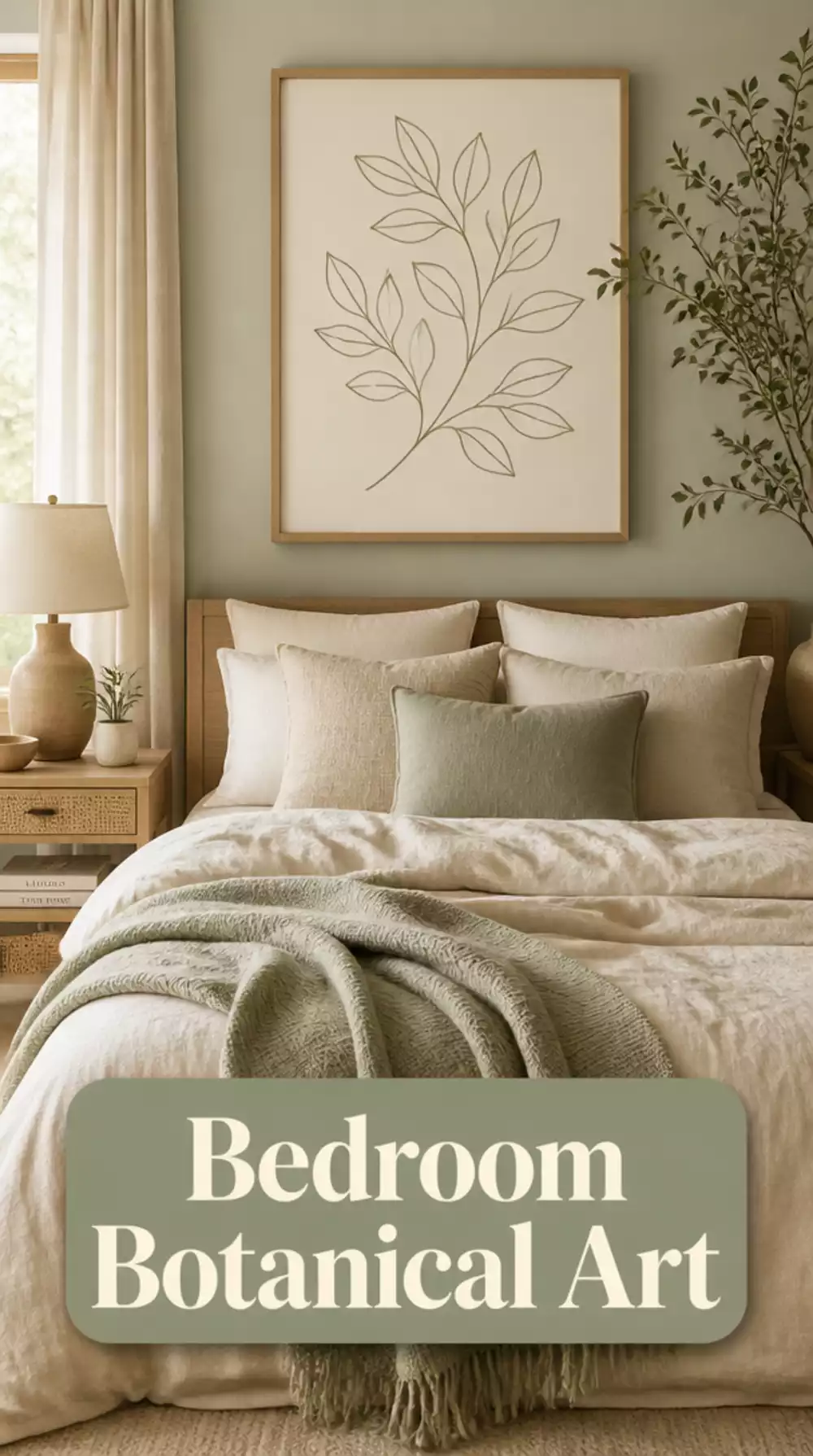 Bedroom Minimalist Botanical Outline Print in Pale Sage and Cream