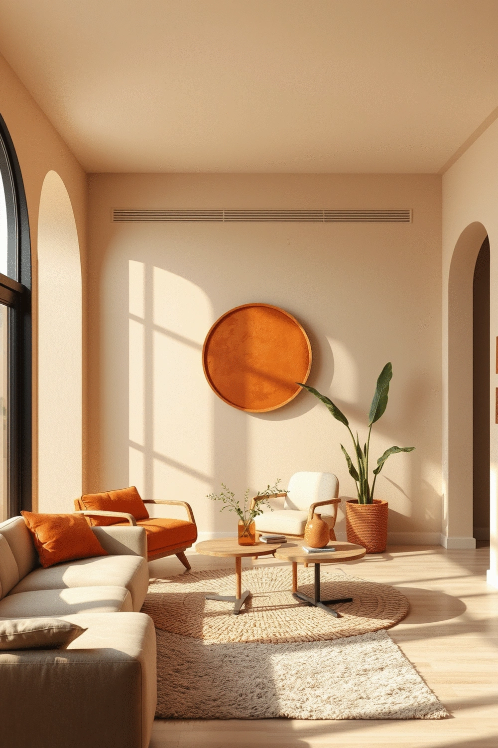 Modern interior with warm beige walls and terracotta accent decor