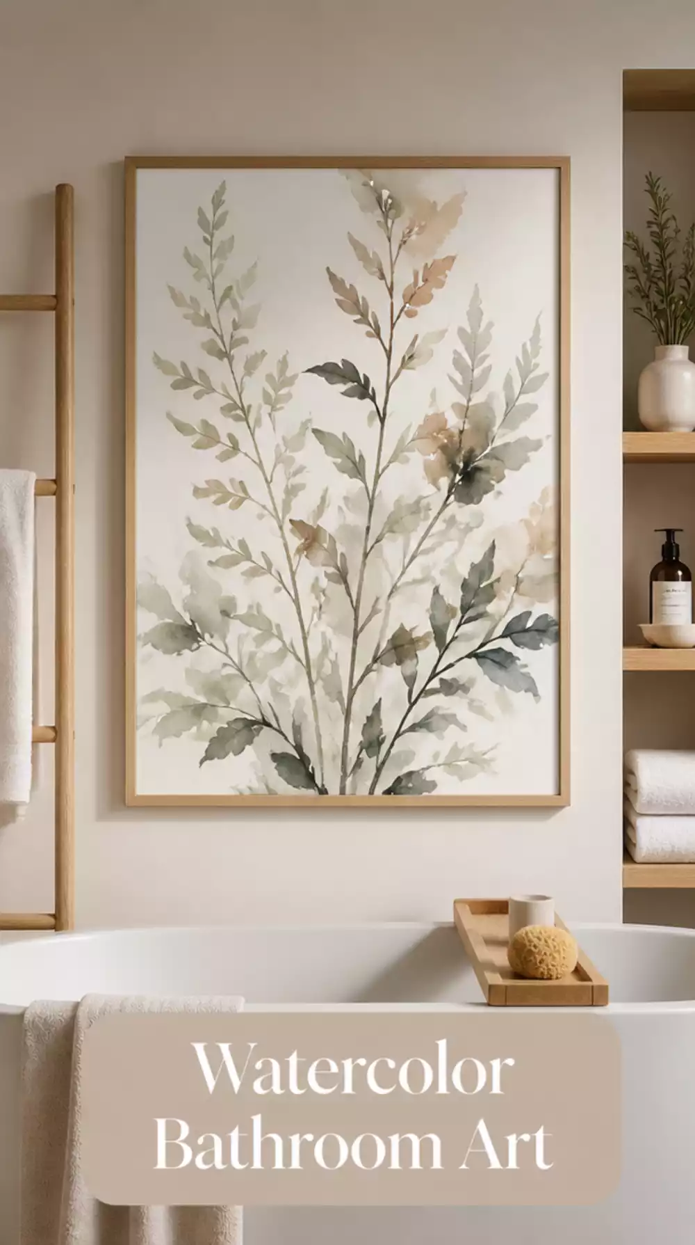 Bathroom Neutral Watercolor Print in a Simple Thin Natural Wood Frame