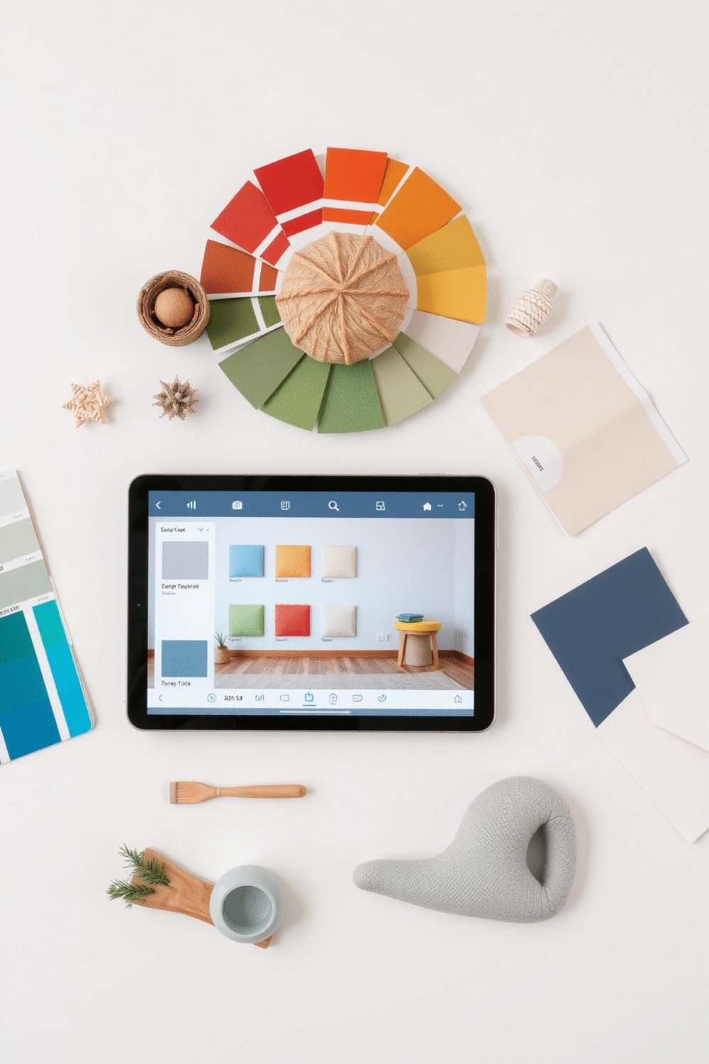 Digital tablet displaying a virtual design tool with various paint color swatches on a wall, surrounded by color palette resources