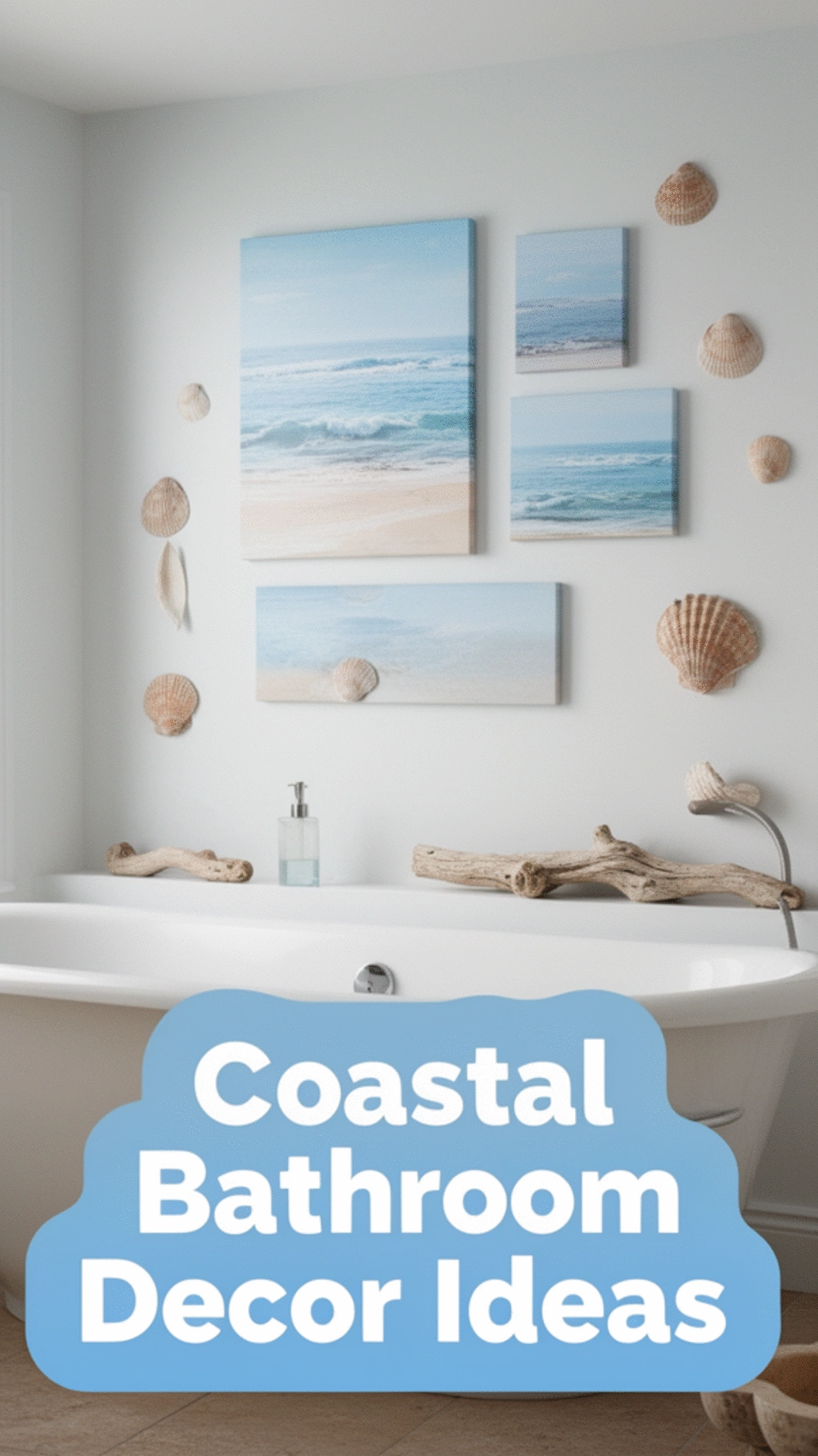Coastal Framed Print Set for a Bathroom in Soft Blue and Natural Tones