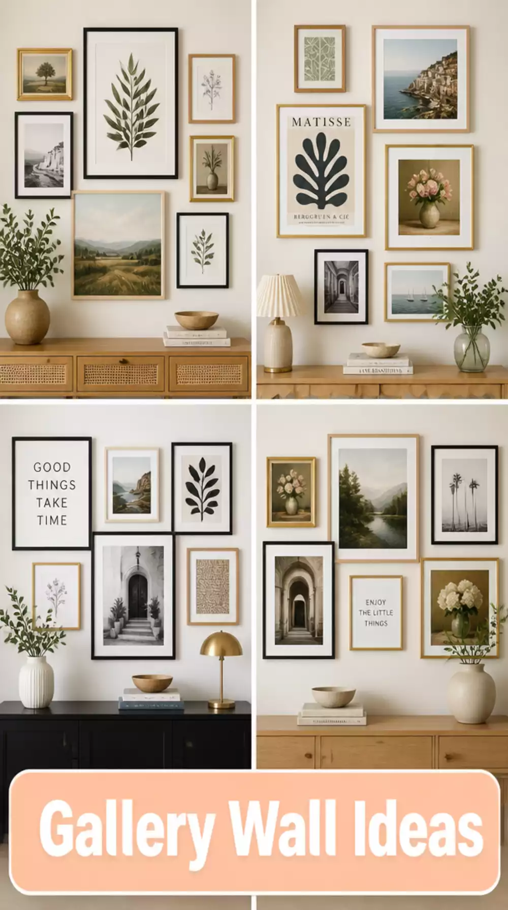 Living Room Gallery Wall with Mixed Frames Above a Console Table
