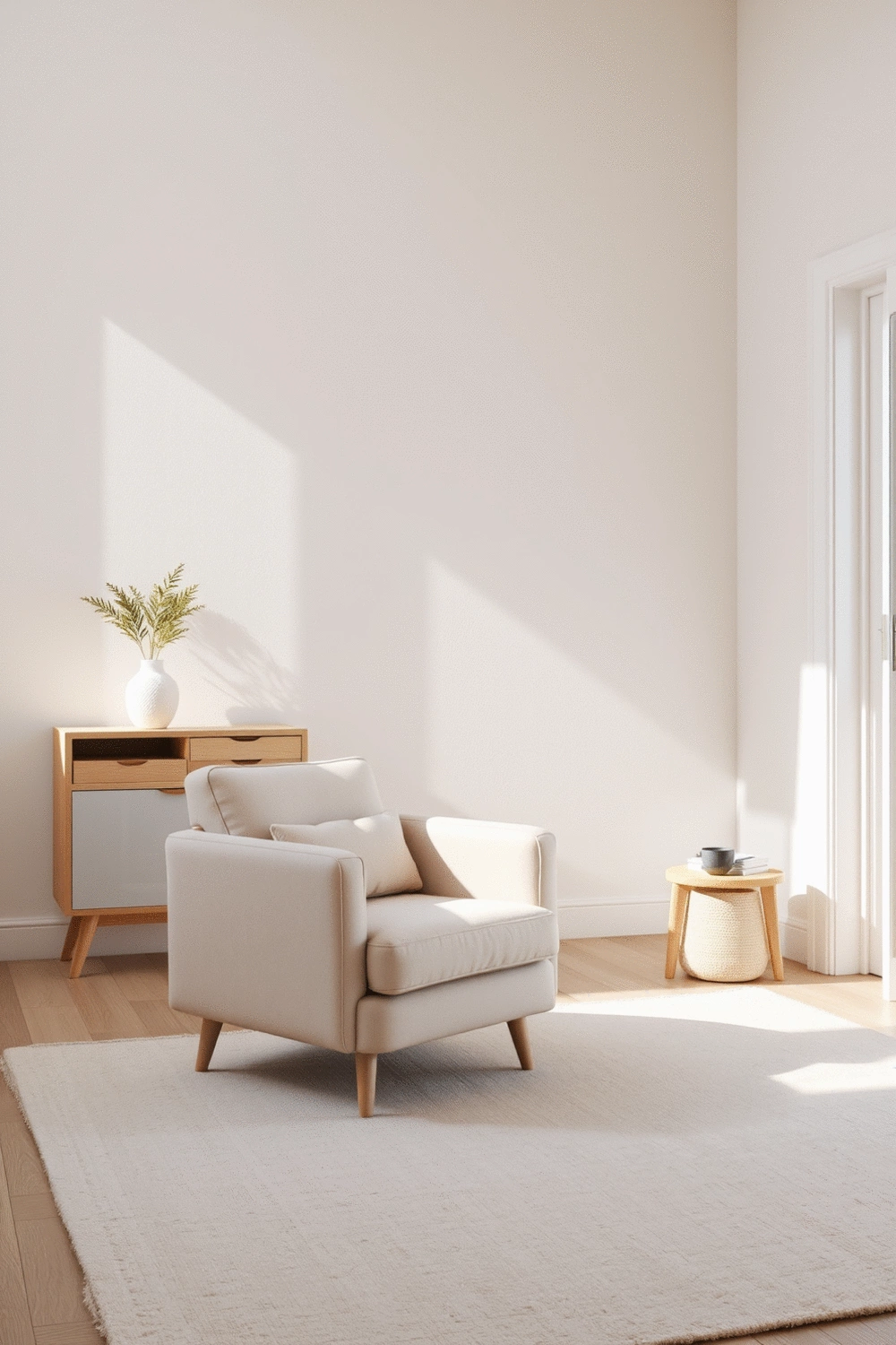 Interior of a modern, minimalist living room featuring a pastel-colored armchair, a light-toned rug, and subtle decorative elements, bathed in soft daylight.