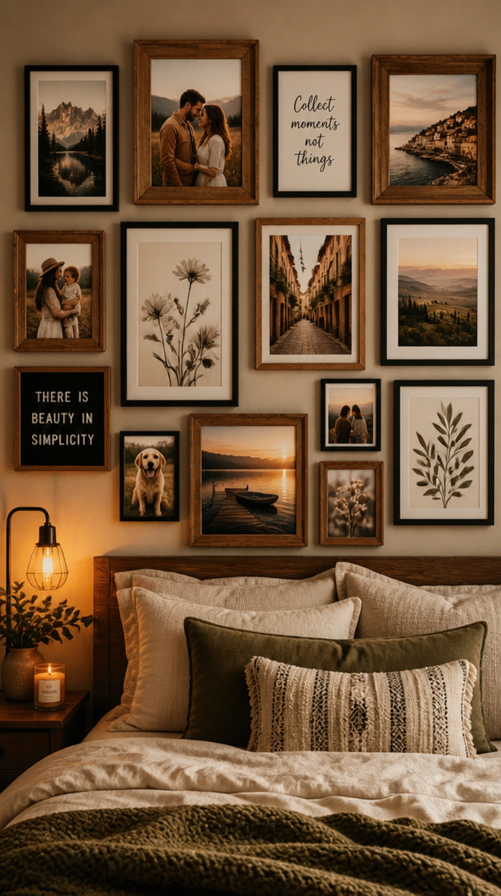 Bedroom Gallery Wall Layout Using a Mix of Prints and Personal Photos