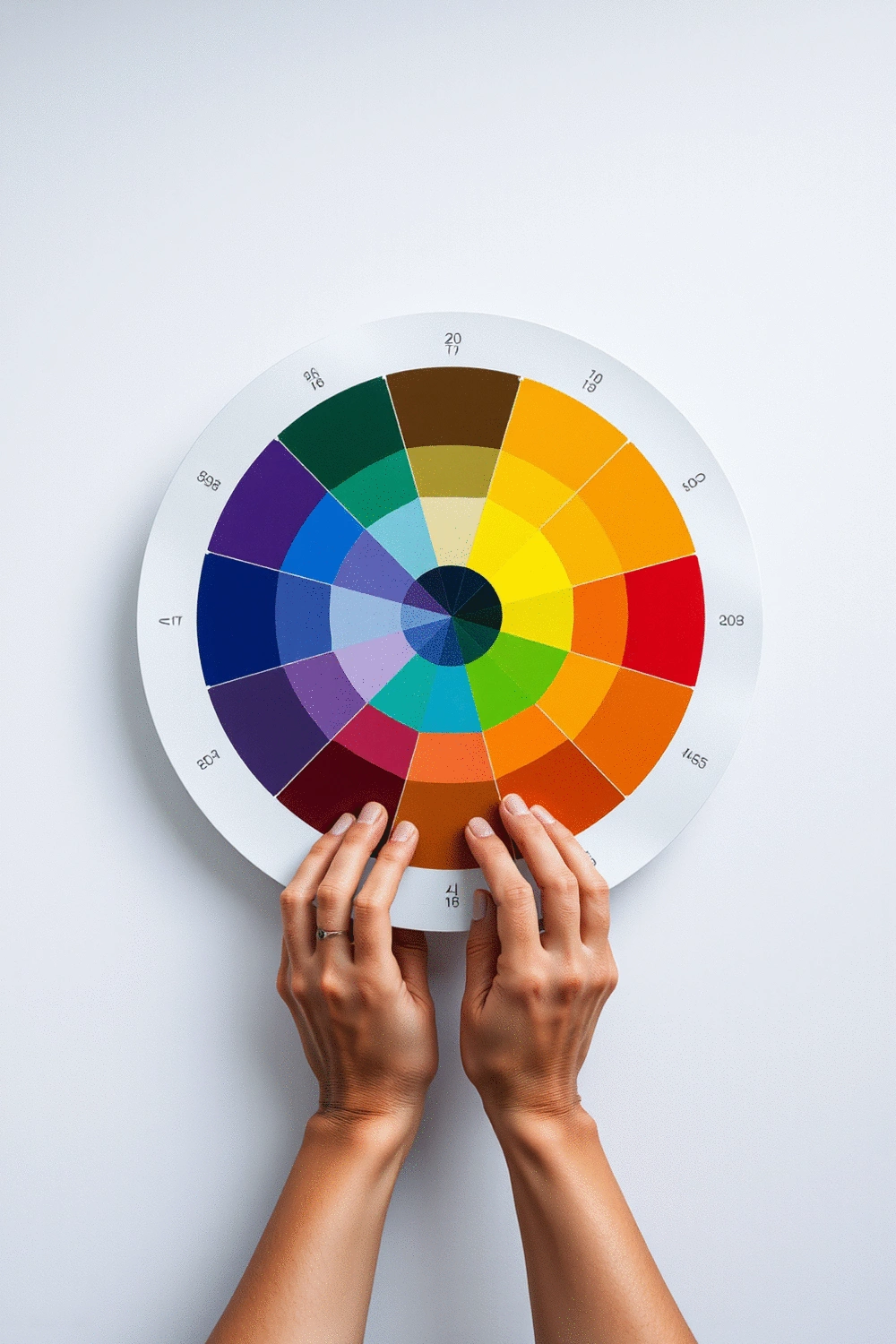 A vibrant color wheel with primary, secondary, and tertiary colors clearly defined, illustrating color theory concepts on a clean, light background.