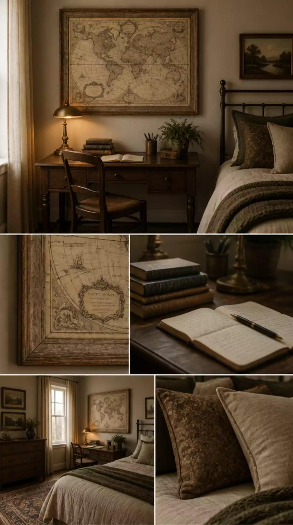Bedroom Antique Map Print in a Worn Natural Wood Gallery Frame