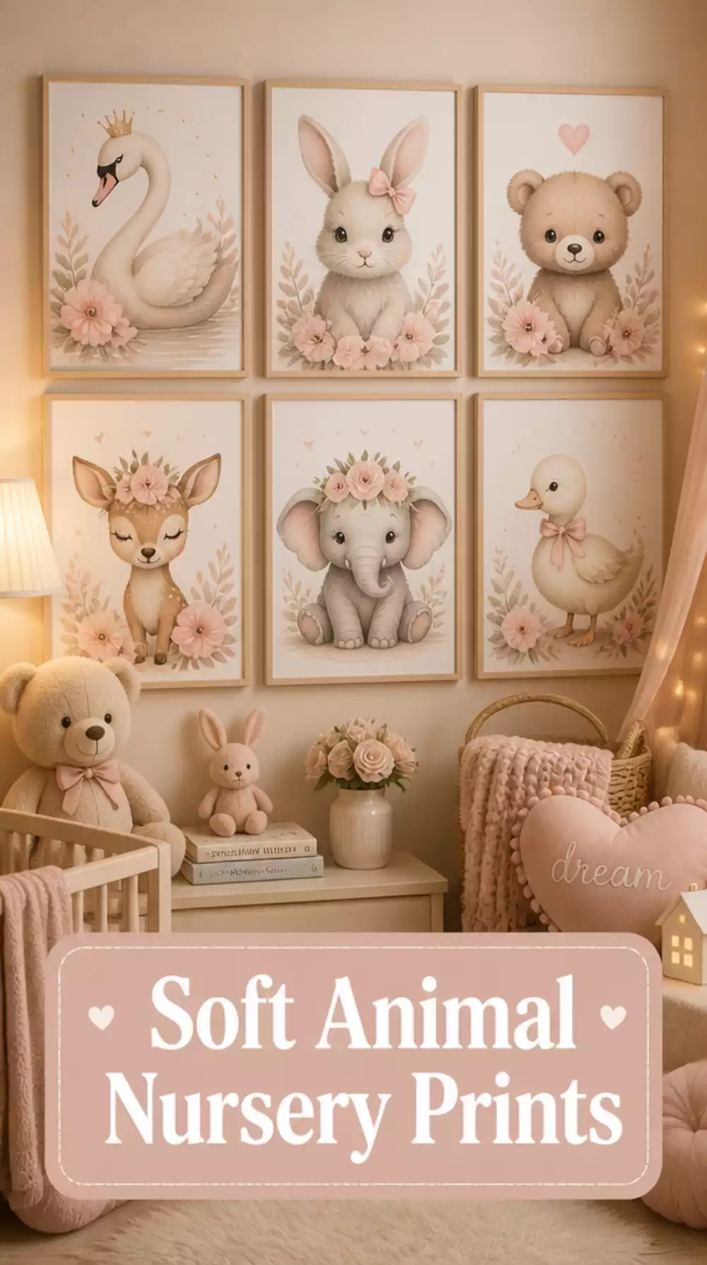 Soft Nursery Animal Illustration Print Set in Blush and Warm Cream