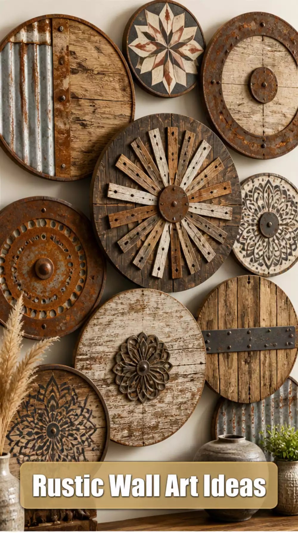 Rustic Metal and Wood Wall Art Disc Set in Warm Weathered Tones