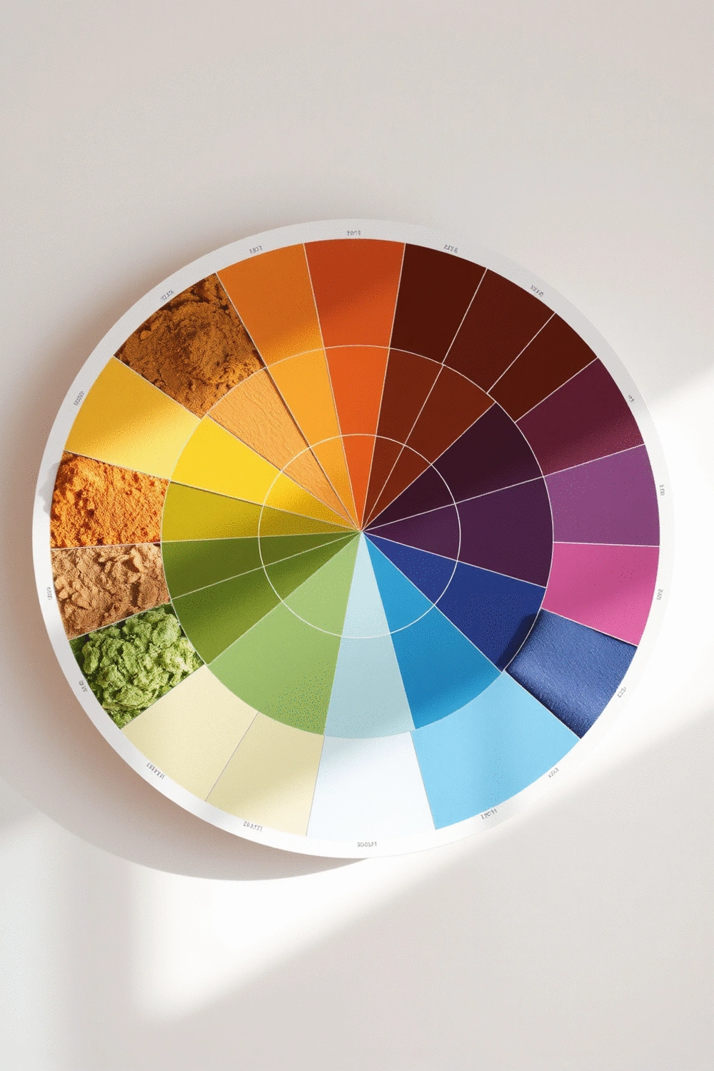 Stylized color wheel illustration, depicting complementary and analogous color relationships, with earthy tones grouped together and bold jewel tones contrasting them.