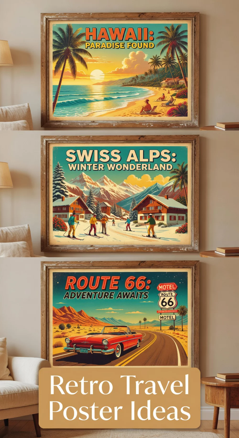 Living Room Retro Travel Poster in a Distressed Natural Wood Frame