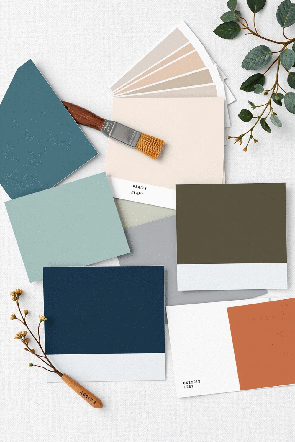 Top-down flat lay of various paint swatches and color palette cards, illustrating thoughtful design choices for home interiors.