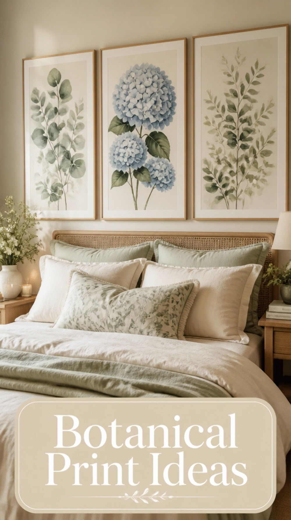Large Framed Botanical Print That Anchors a Bedroom Feature Wall