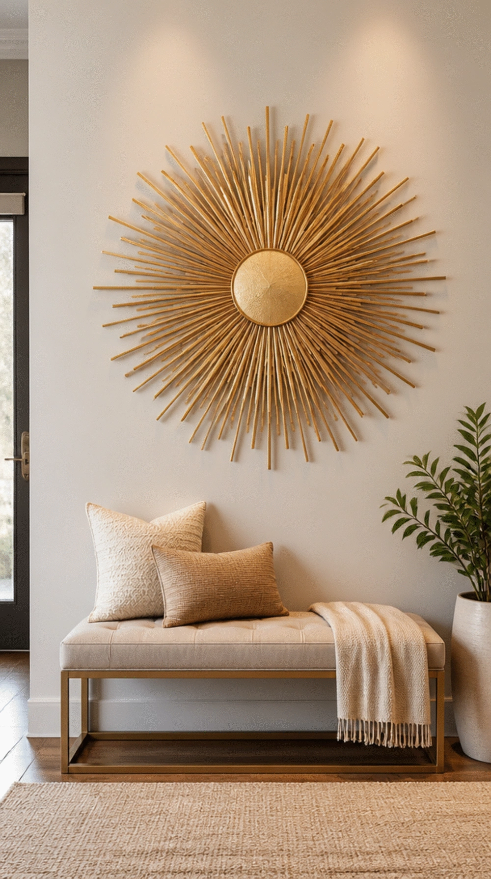 Entryway Metal Sunburst Wall Art in a Warm Gold Finish Above a Bench