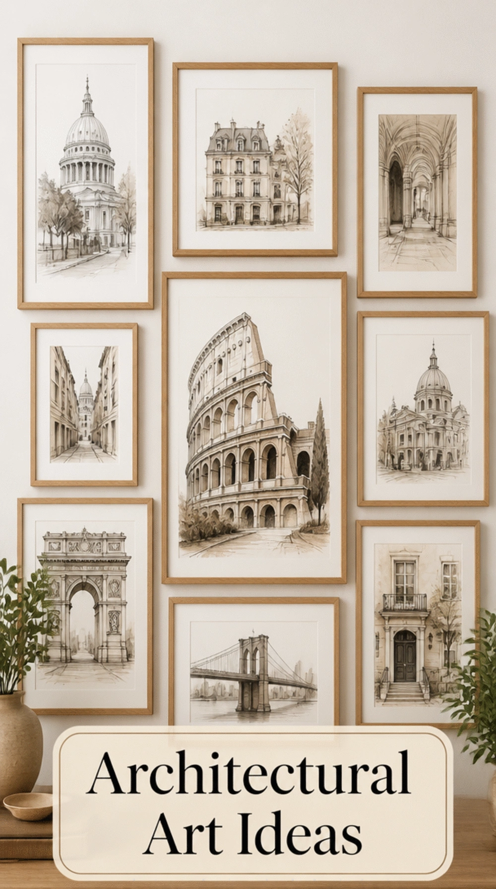 Architectural Sketch Print Framed in Natural Oak for a Home Office Wall