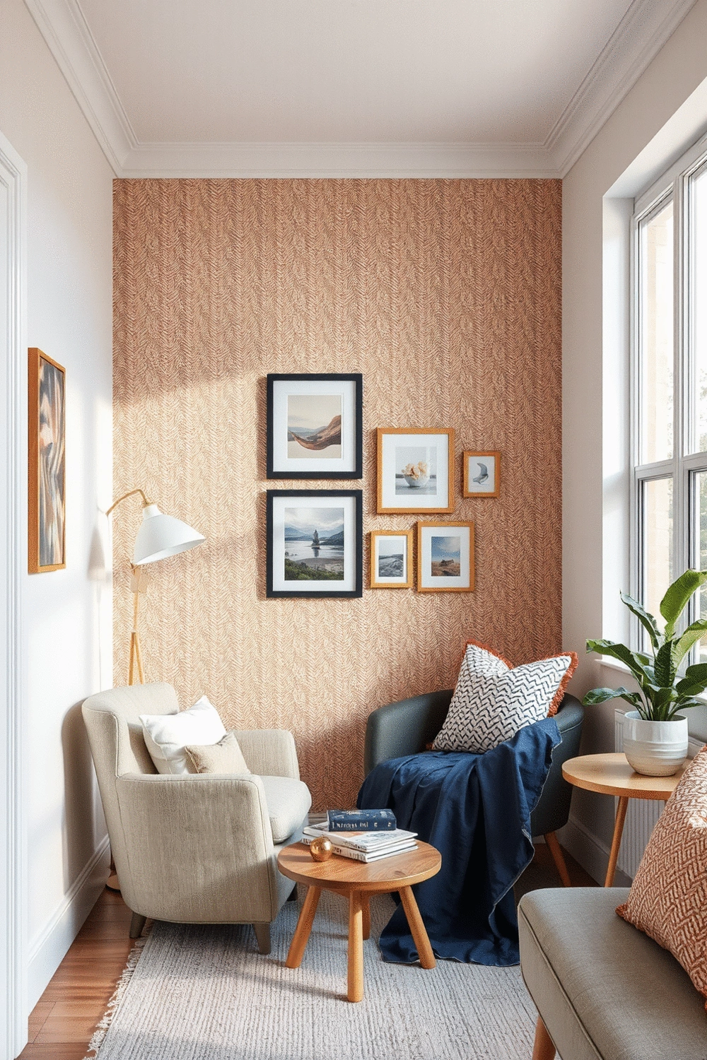 A neatly arranged assortment of removable wallpaper samples and small, framed temporary art pieces, showcasing solutions for small spaces and rentals.