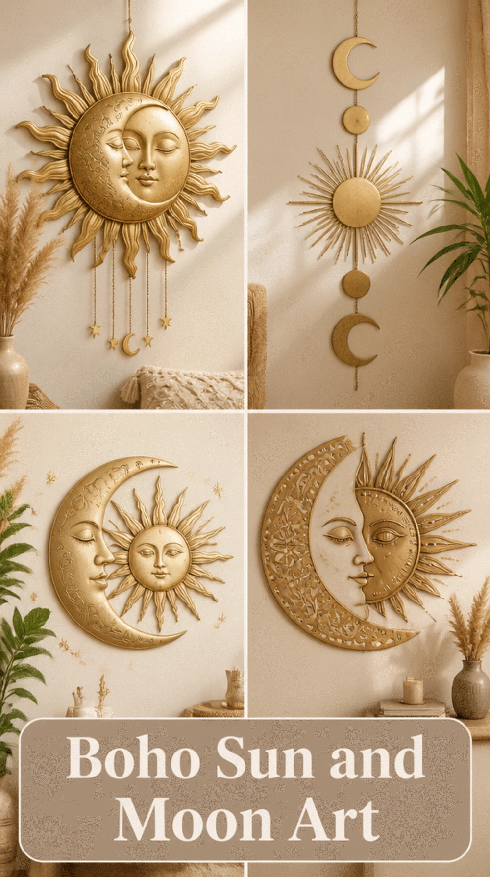 Nursery Boho Sun and Moon Wall Art Set in Muted Gold and Warm White