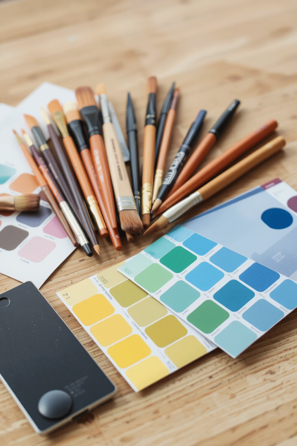 Various paint brushes and color swatches neatly arranged on a wooden table, ready for a DIY painting project.