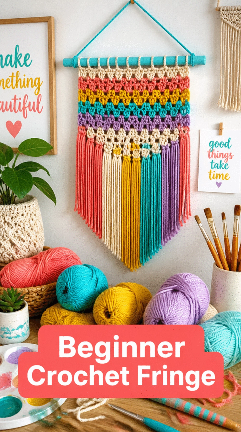 Beginner Crochet Fringe Wall Hanging on a Painted Wooden Dowel
