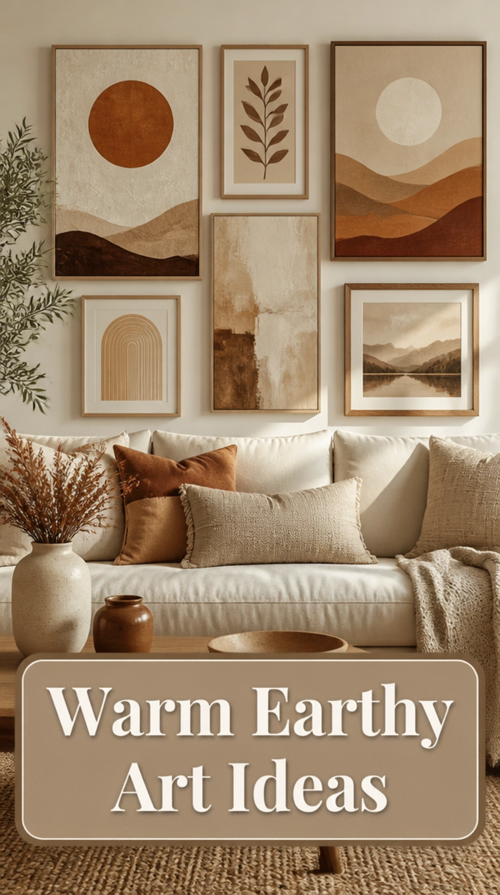 Warm Earthy Abstract Canvas Wall Art Above a Cream Linen Sofa