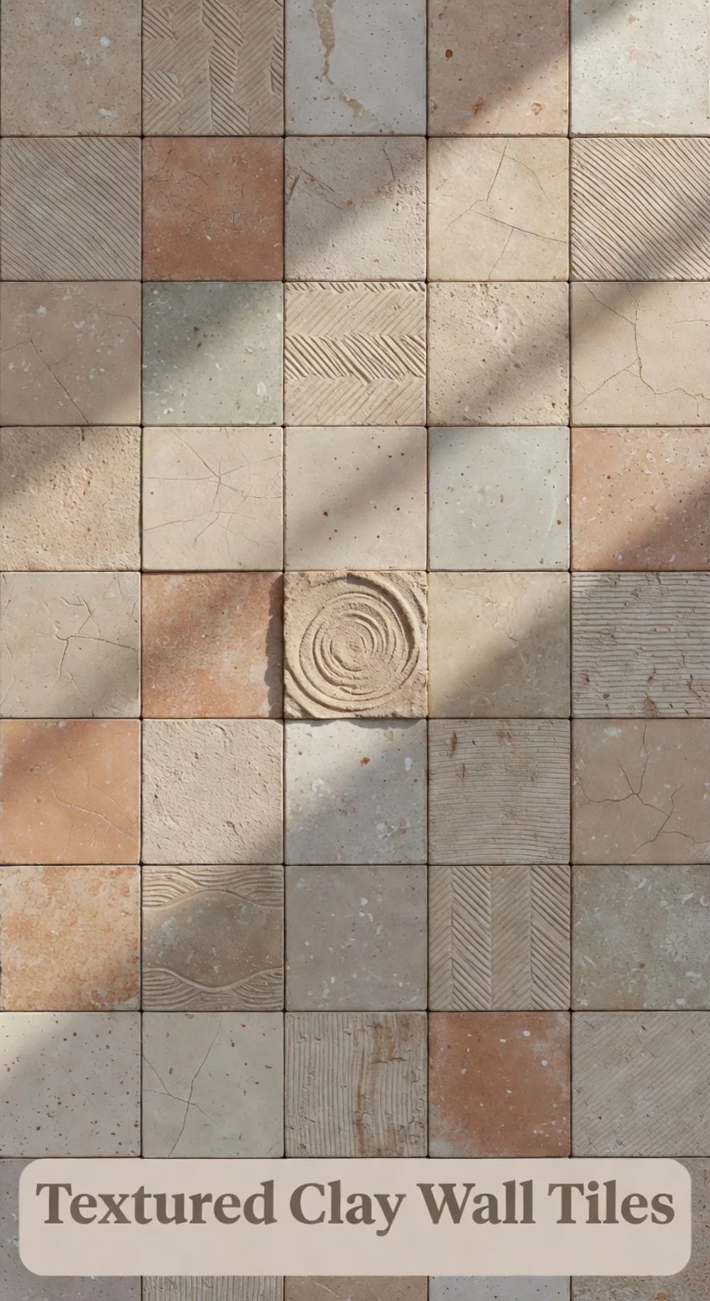Textured Neutral Clay Wall Tiles Arranged in a Living Room Grid