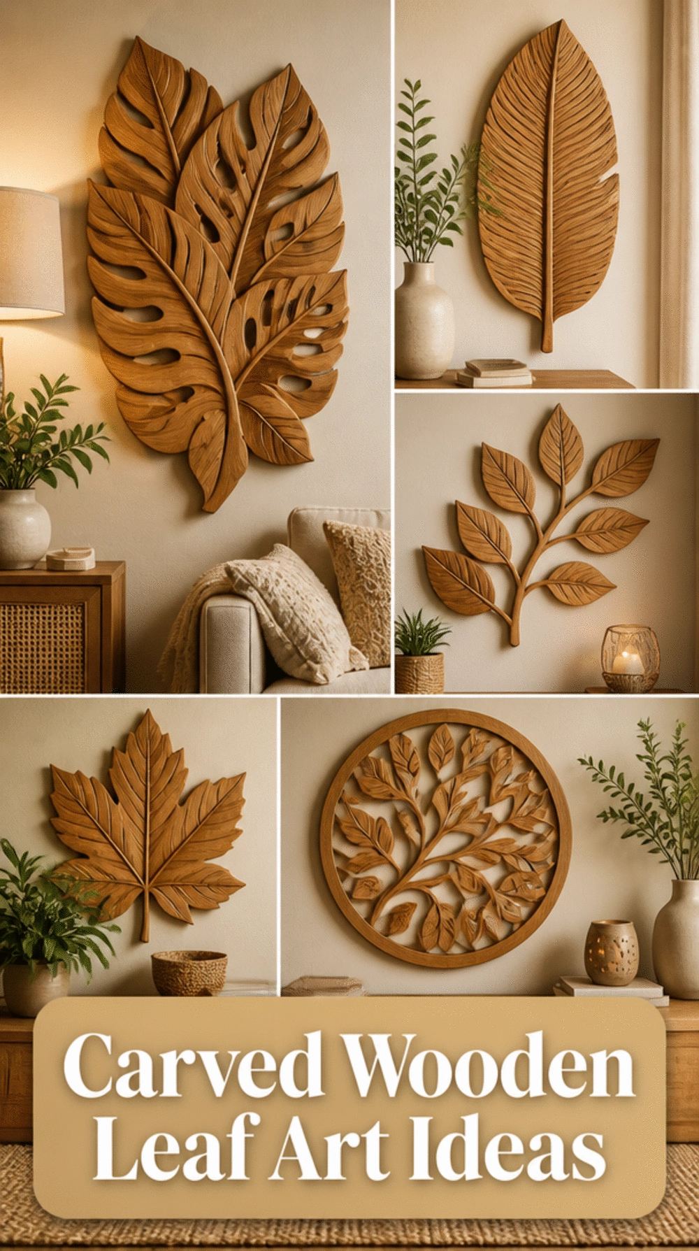 Carved Wooden Leaf Wall Art in a Warm Honey Oak Finish
