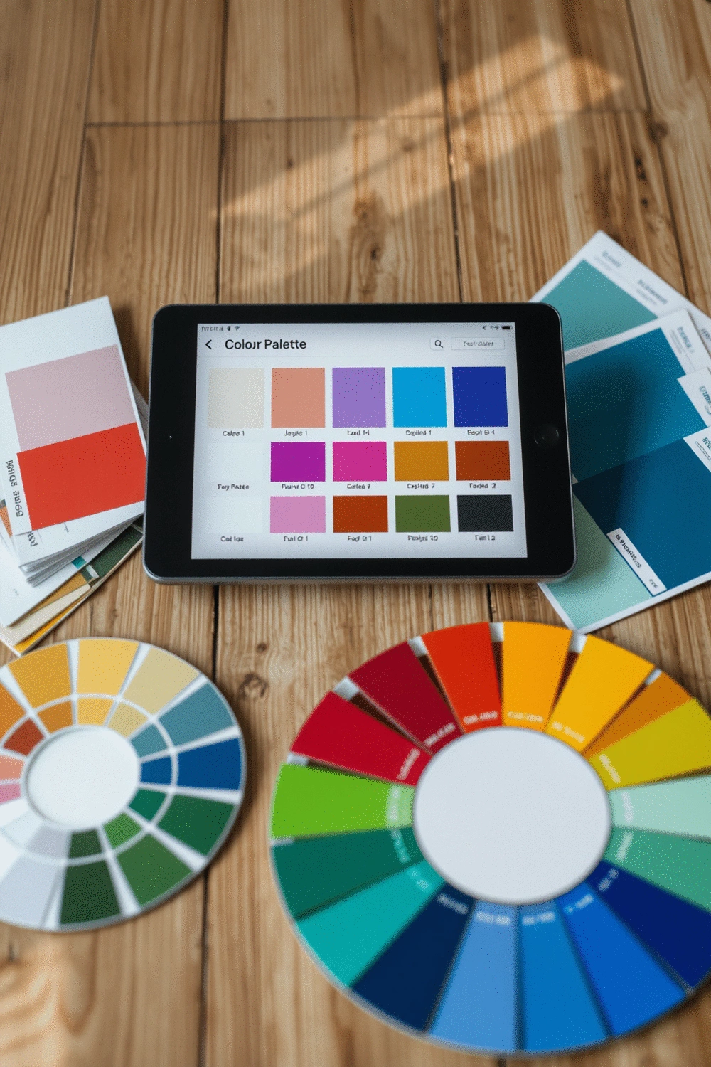 A digital color palette selection tool displayed on a tablet, surrounded by paint samples and a color wheel on a wooden table.